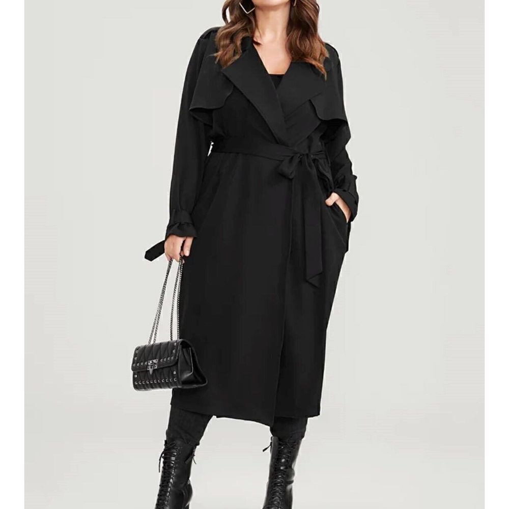 86 BLOOMCHIC solid belted pocket lapel collar trench coat BLACK sz 26